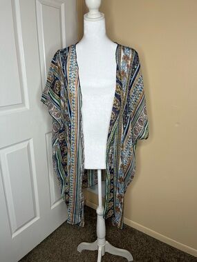Band of Gypsies Boho Striped Paisley Kimono Cardigan Multi Blue Size Medium